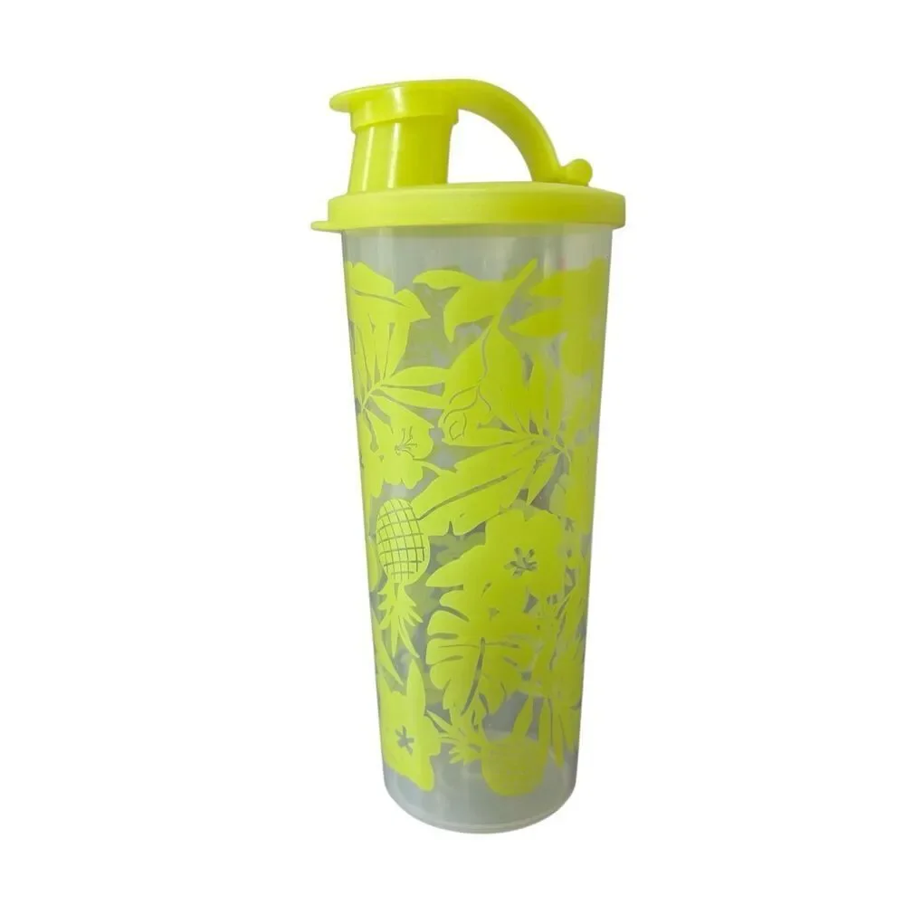 Tupperware Tumbler Cup w/ Flip-Top Seal 16 Ounces Tropical print yellow